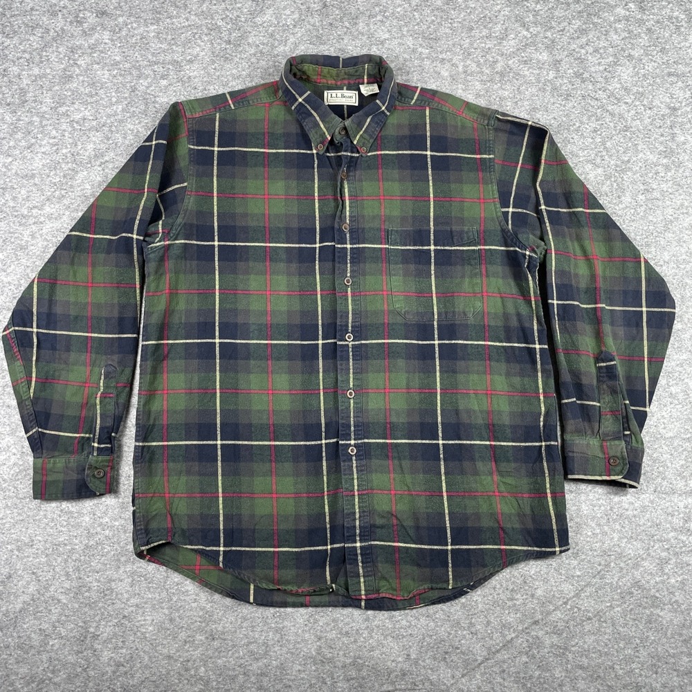 Vintage LL Bean Flannel Shirt Mens Large Green Plaid Button Down Made In USA 90s